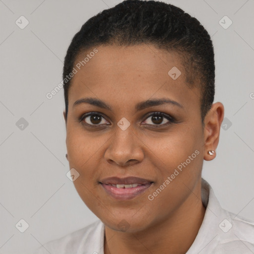 Joyful black young-adult female with short  brown hair and brown eyes