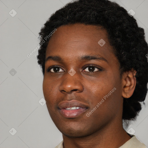 Neutral black young-adult female with short  black hair and brown eyes