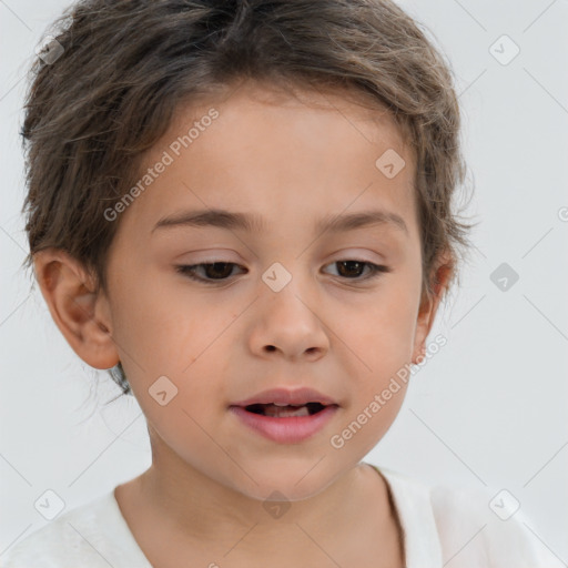 Joyful white child female with short  brown hair and brown eyes