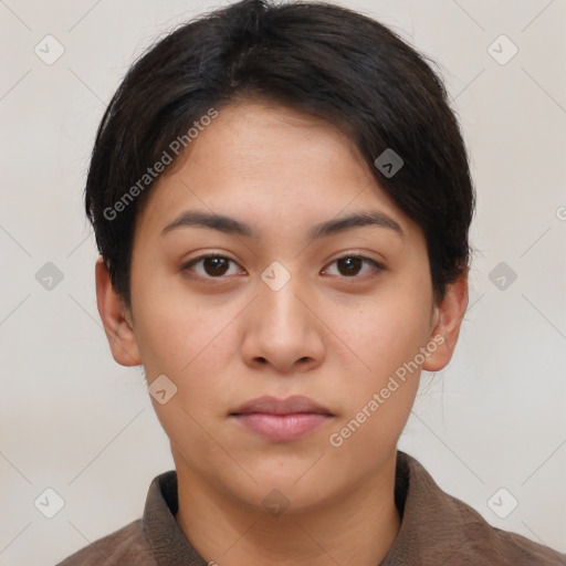 Neutral asian young-adult female with short  brown hair and brown eyes