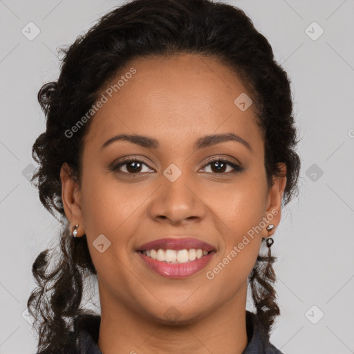 Joyful latino young-adult female with long  brown hair and brown eyes