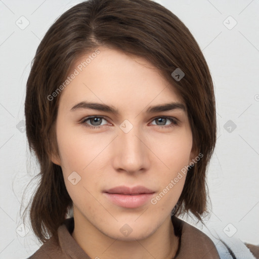 Neutral white young-adult female with medium  brown hair and brown eyes