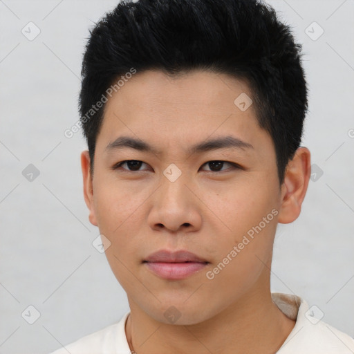 Neutral asian young-adult male with short  black hair and brown eyes