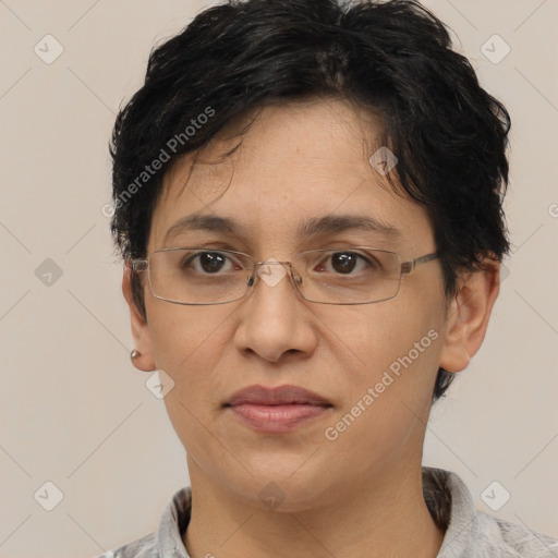 Joyful white adult female with short  brown hair and brown eyes