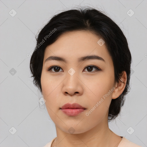 Neutral asian young-adult female with medium  black hair and brown eyes