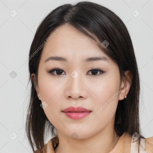 Neutral asian young-adult female with medium  brown hair and brown eyes