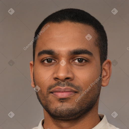 Neutral latino young-adult male with short  black hair and brown eyes