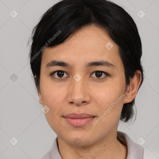 Joyful asian young-adult female with medium  black hair and brown eyes