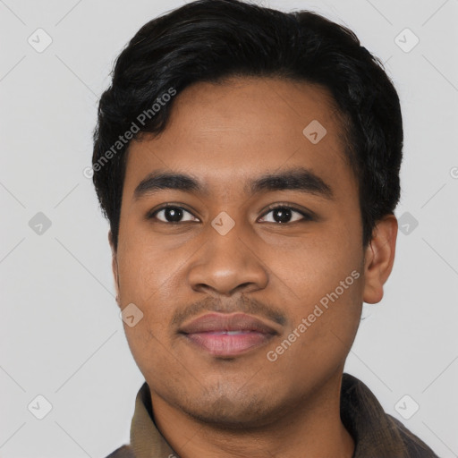 Joyful latino young-adult male with short  black hair and brown eyes