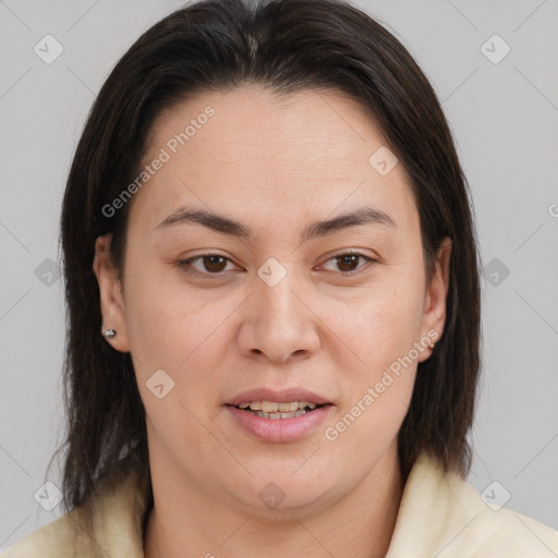 Joyful white young-adult female with medium  brown hair and brown eyes