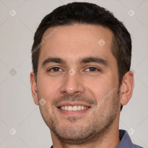 Joyful white young-adult male with short  brown hair and brown eyes