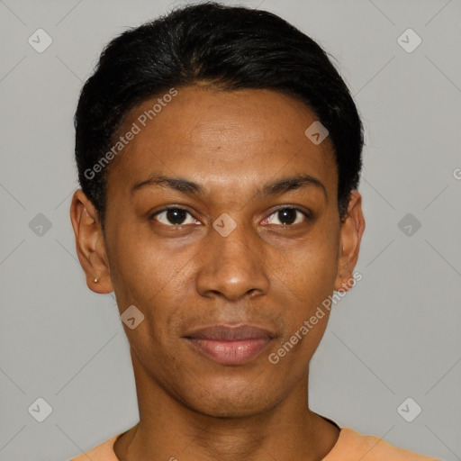 Joyful black young-adult female with short  black hair and brown eyes
