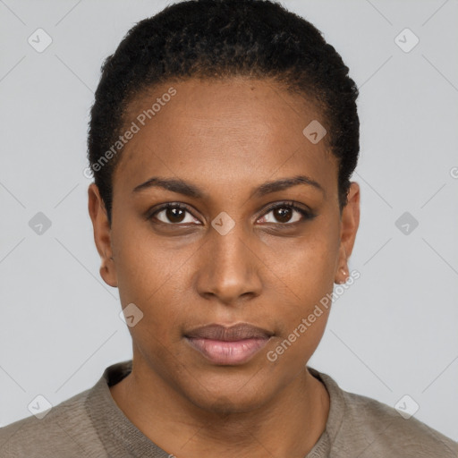 Neutral black young-adult female with short  black hair and brown eyes