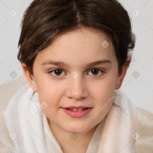 Joyful white child female with short  brown hair and brown eyes