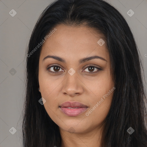 Joyful latino young-adult female with long  brown hair and brown eyes