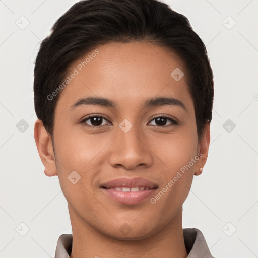 Joyful white young-adult female with short  brown hair and brown eyes