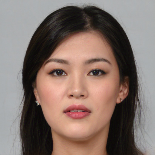 Neutral asian young-adult female with long  black hair and brown eyes