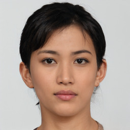 Neutral asian young-adult female with short  black hair and brown eyes