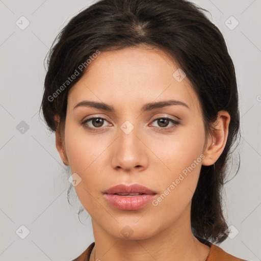 Neutral white young-adult female with medium  brown hair and brown eyes