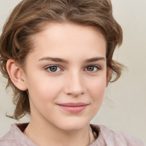 Joyful white child female with medium  brown hair and brown eyes