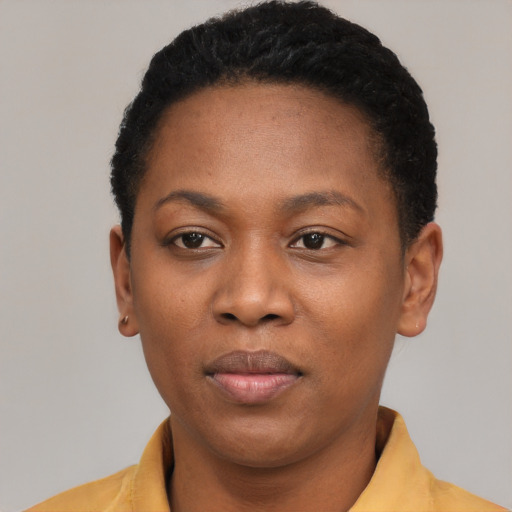 Neutral black young-adult female with short  black hair and brown eyes