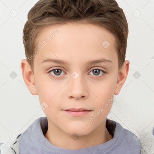 Neutral white child female with short  brown hair and grey eyes