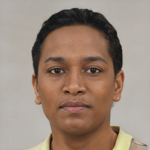 Neutral black young-adult male with short  black hair and brown eyes