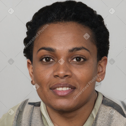 Neutral black young-adult female with short  black hair and brown eyes