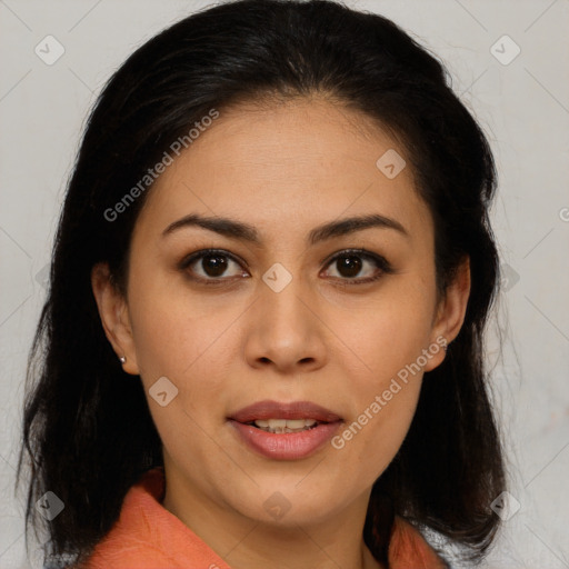 Joyful latino young-adult female with medium  brown hair and brown eyes