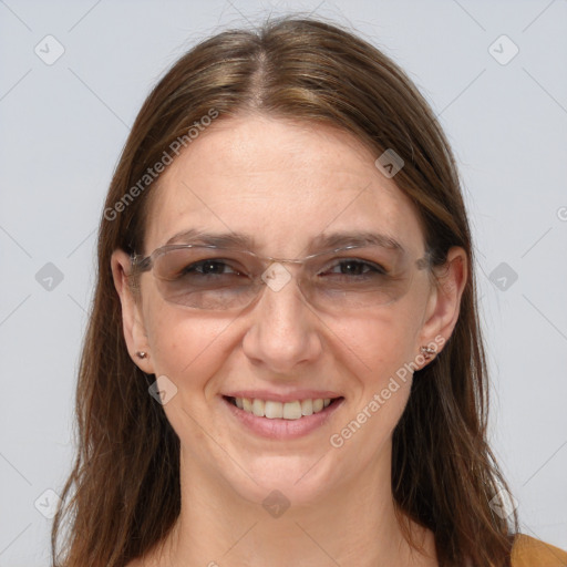 Joyful white adult female with long  brown hair and brown eyes