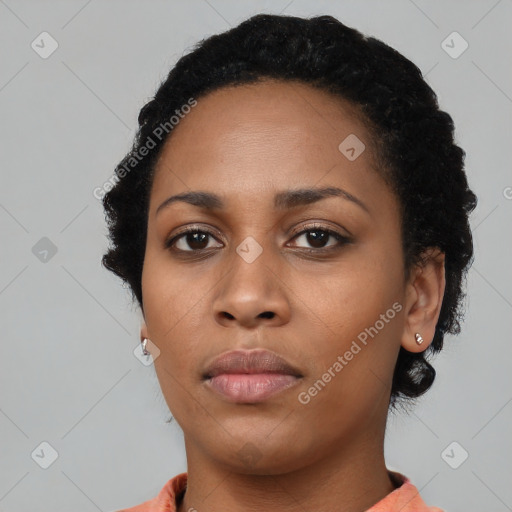 Neutral black young-adult female with short  black hair and brown eyes