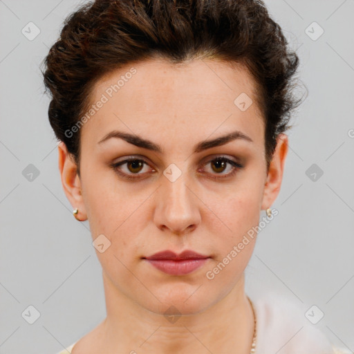 Neutral white young-adult female with short  brown hair and brown eyes