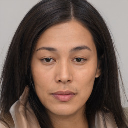 Neutral asian young-adult female with long  brown hair and brown eyes