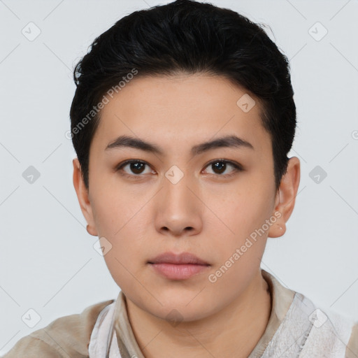 Neutral asian young-adult female with short  black hair and brown eyes