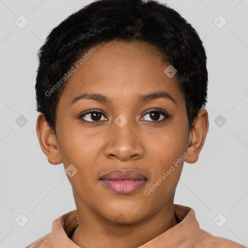 Joyful latino young-adult female with short  black hair and brown eyes