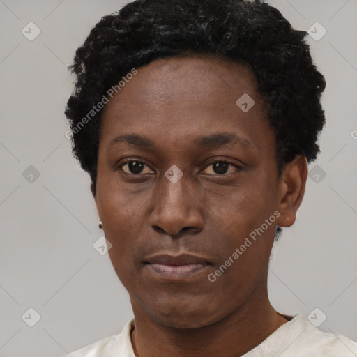 Neutral black young-adult female with short  black hair and brown eyes