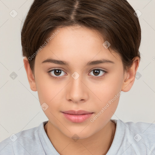 Joyful white child female with short  brown hair and brown eyes