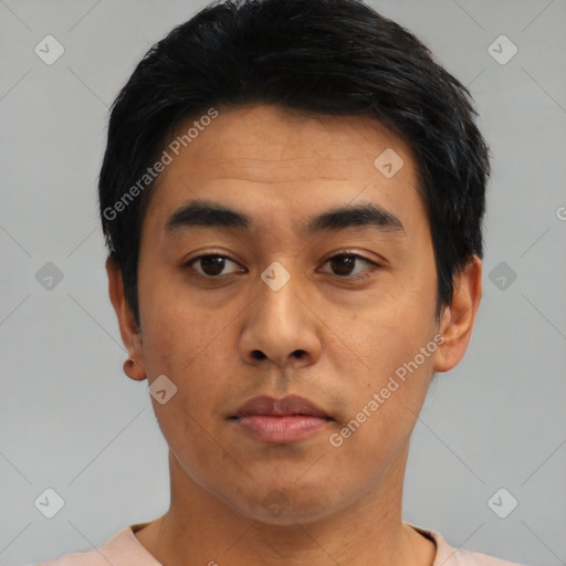 Neutral asian young-adult male with short  black hair and brown eyes