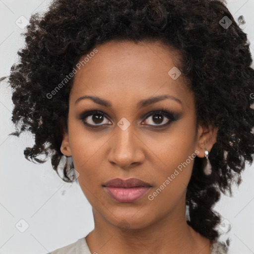 Joyful black young-adult female with medium  brown hair and brown eyes