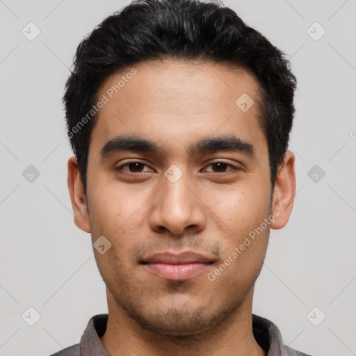 Neutral latino young-adult male with short  black hair and brown eyes