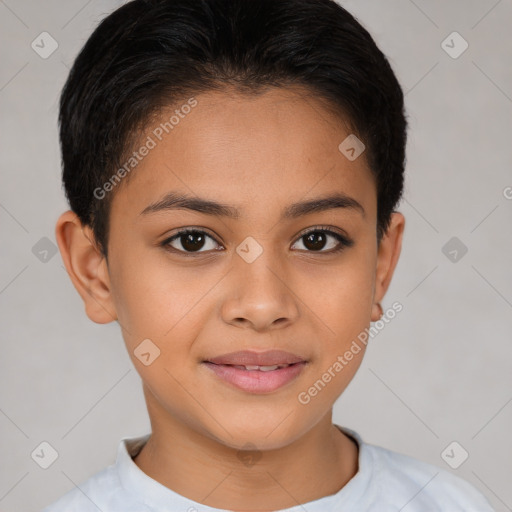 Joyful latino child female with short  brown hair and brown eyes