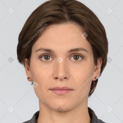 Neutral white young-adult female with medium  brown hair and brown eyes