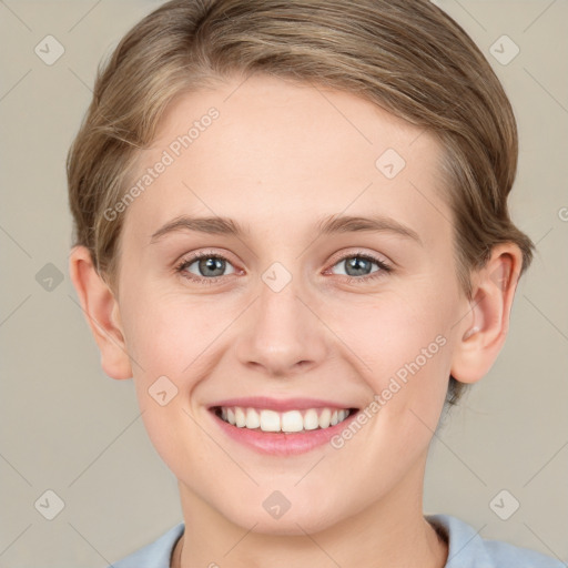 Joyful white young-adult female with medium  brown hair and blue eyes