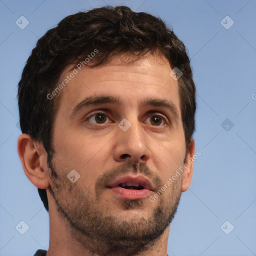 Neutral white young-adult male with short  brown hair and brown eyes