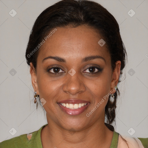 Joyful black young-adult female with medium  brown hair and brown eyes