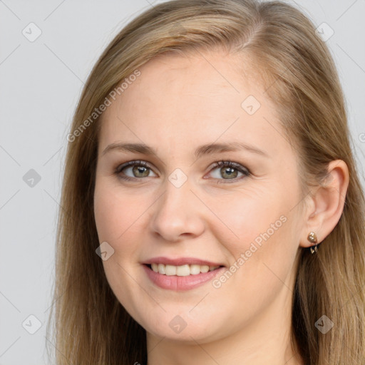 Joyful white young-adult female with long  brown hair and grey eyes