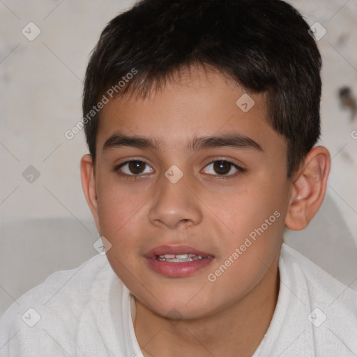 Joyful white child male with short  brown hair and brown eyes