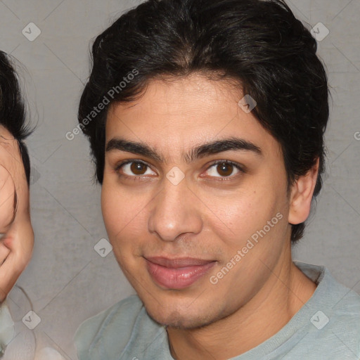 Joyful white young-adult male with medium  brown hair and brown eyes