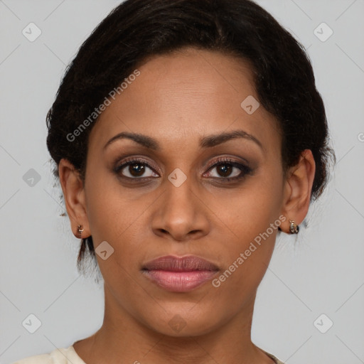 Joyful latino young-adult female with short  brown hair and brown eyes