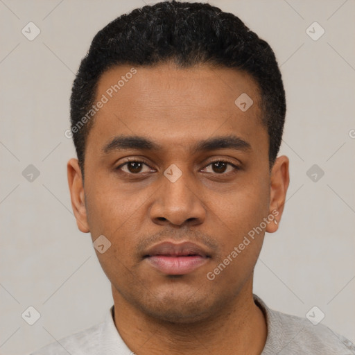 Neutral latino young-adult male with short  black hair and brown eyes